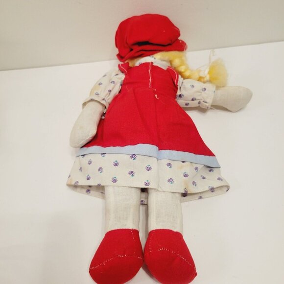 Vtg Rag Doll With Red Dress Hat Patterned Shirt Blonde Braided Hair Red Shoes - Picture 7 of 8